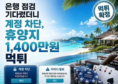 휴양지 먹튀 전문집단, 1,400만원,은행 점검 기다렸더니 계정 차단 !